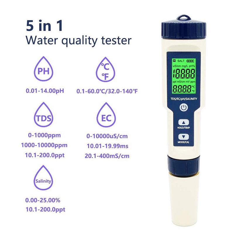Δοκιμαστής πολυμετρικού pH 5 σε 1 TDS/EC/Salinity/TEMP με αντικαταστάσιμο ηλεκτρόδιο
